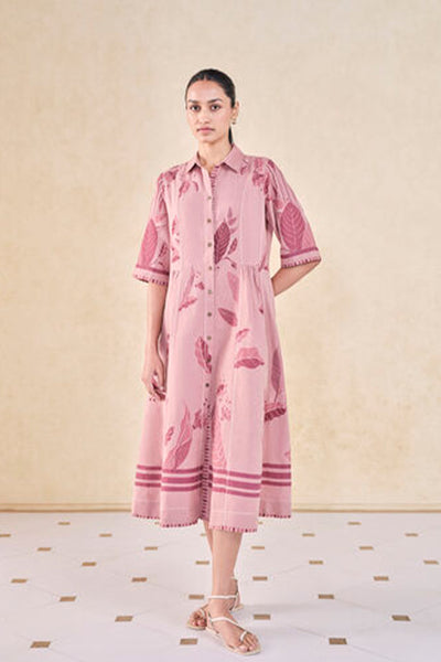 Anita Dongre Grassroot Fig Hand-embroidered Kantha Linen Dress Pink indian designer wear online shopping melange singapore