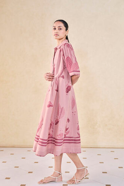 Anita Dongre Grassroot Fig Hand-embroidered Kantha Linen Dress Pink indian designer wear online shopping melange singapore