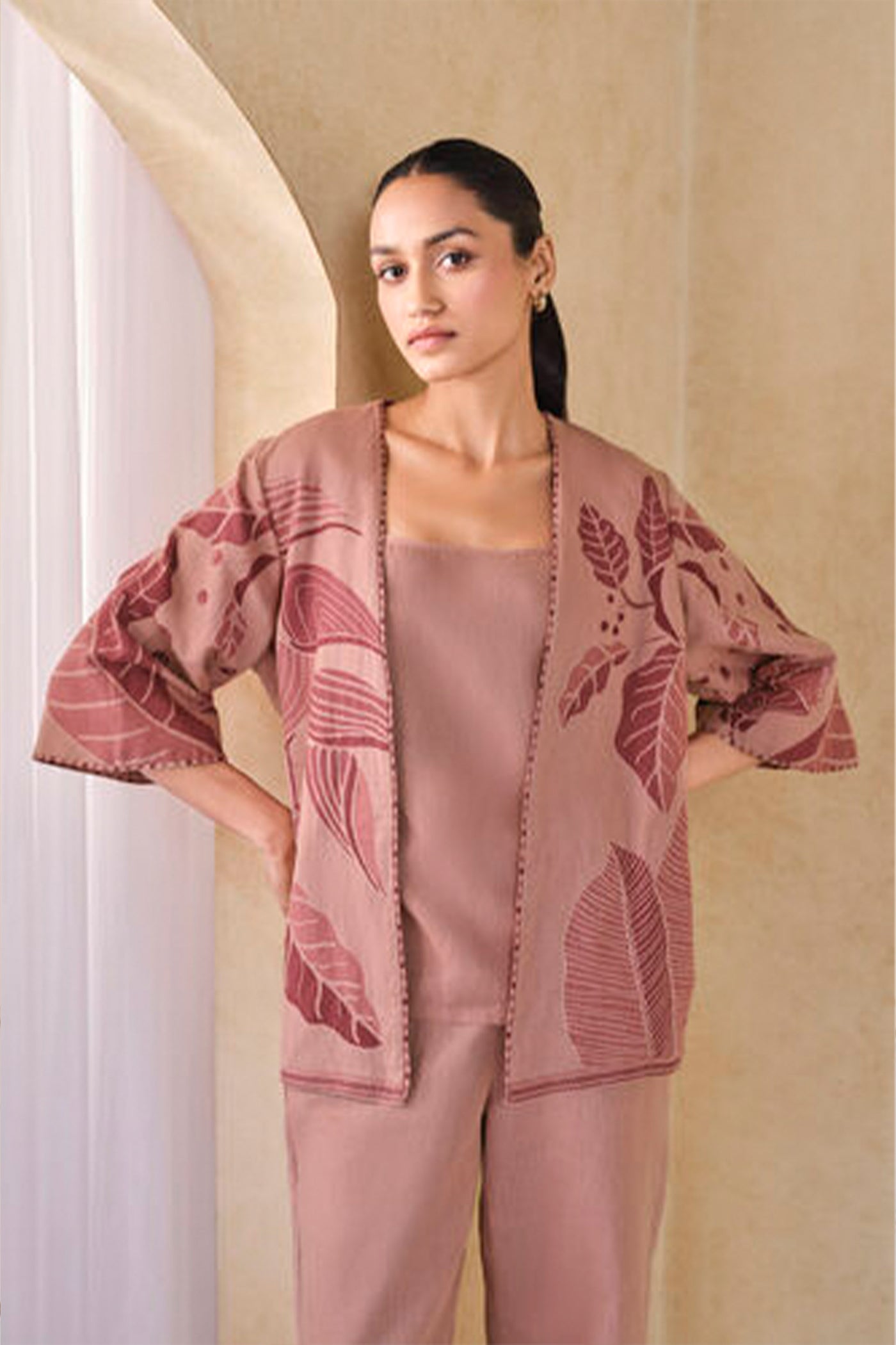 Anita Dongre Grassroot Fig Handcrafted Kantha Overlayer Set Pink indian designer wear online shopping melange singapore