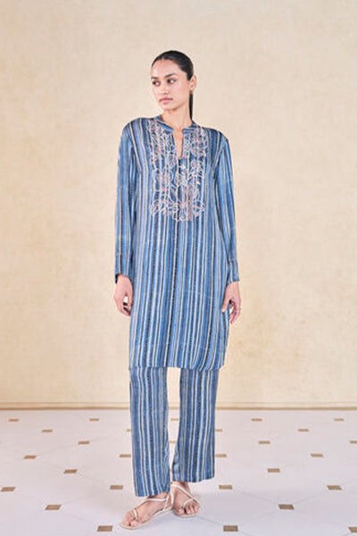 Anita Dongre Grassroot Freshwater Handcrafted Ajrakh Co-ord Blue indian designer wear online shopping melange singapore