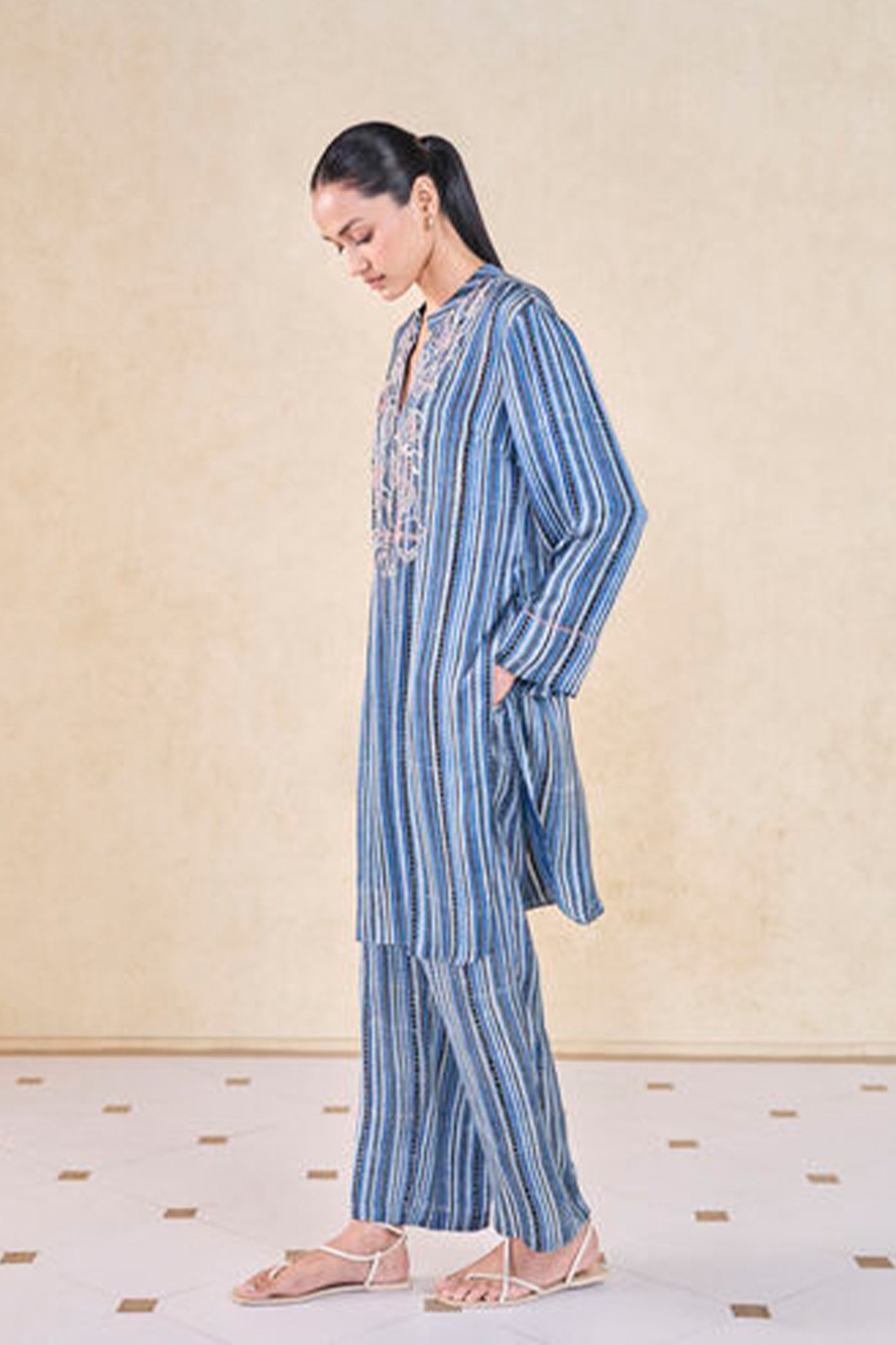 Anita Dongre Grassroot Freshwater Handcrafted Ajrakh Co-ord Blue indian designer wear online shopping melange singapore