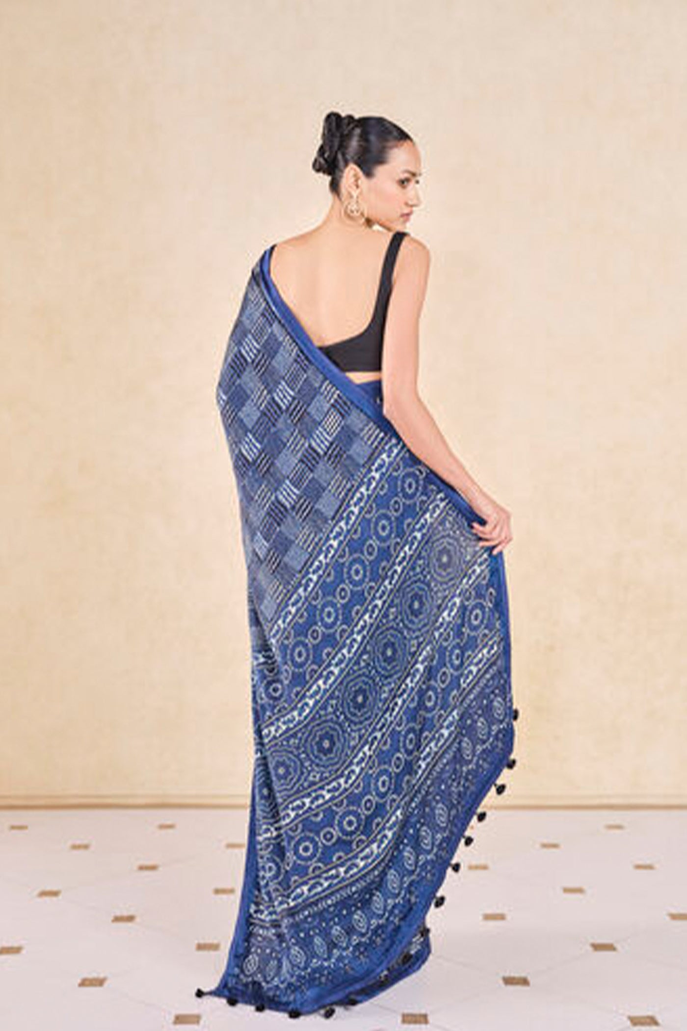 Anita Dongre Grassroot Junco Handcrafted Ajrakh Saree Blue indian designer wear online shopping melange singapore