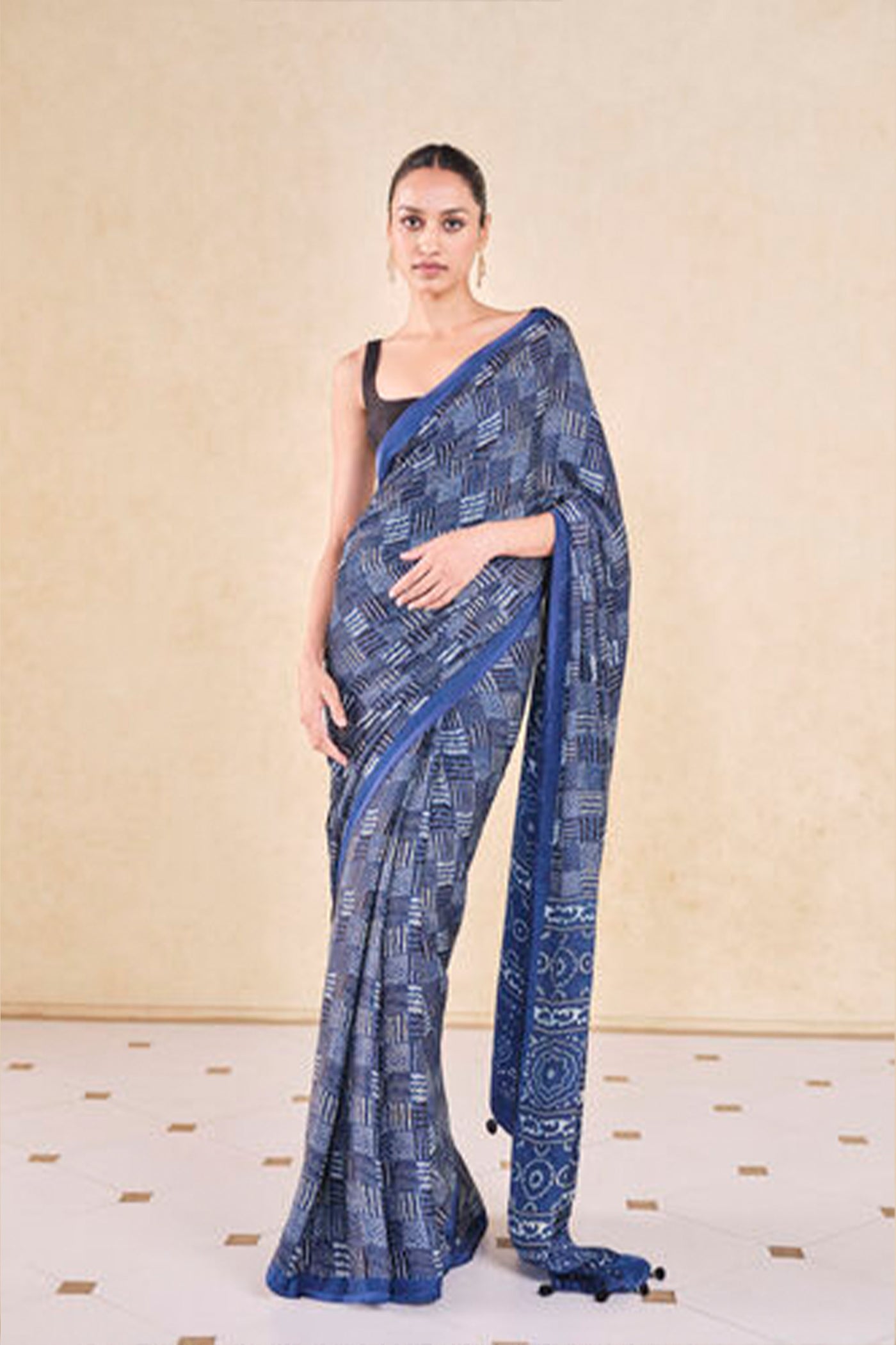 Anita Dongre Grassroot Junco Handcrafted Ajrakh Saree Blue indian designer wear online shopping melange singapore