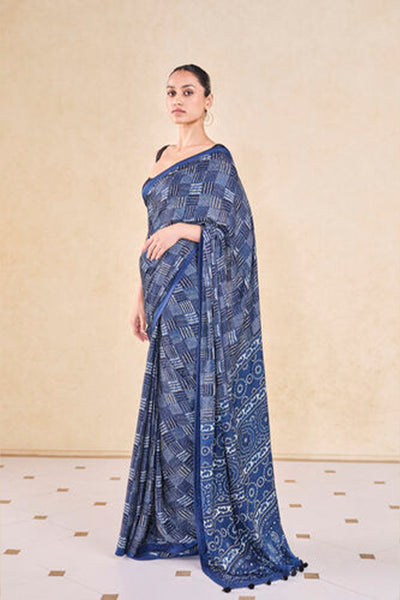 Anita Dongre Grassroot Junco Handcrafted Ajrakh Saree Blue indian designer wear online shopping melange singapore