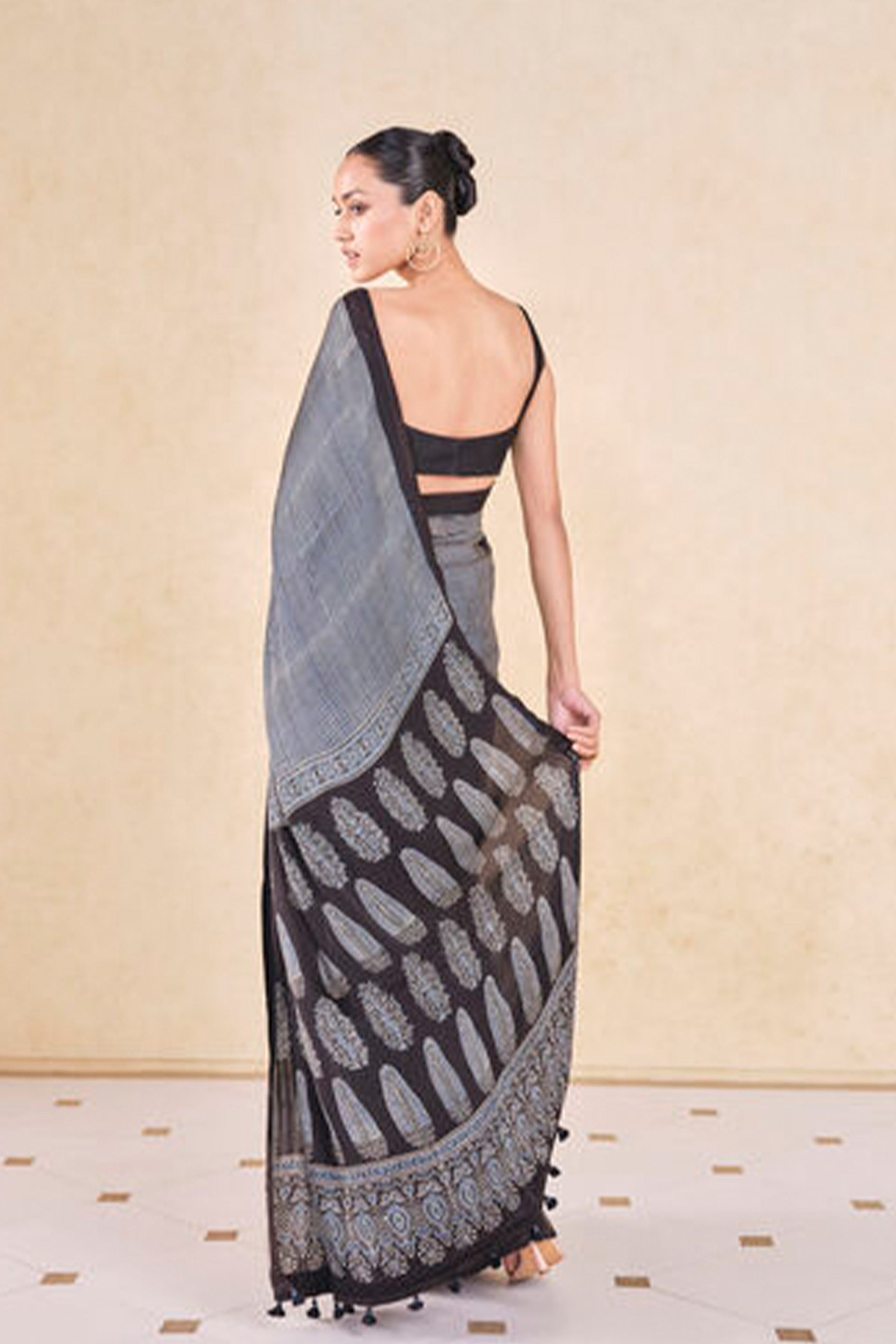 Anita Dongre Grassroot Korat Handcrafted Ajrakh Saree Black indian designer wear online shopping melange singapore