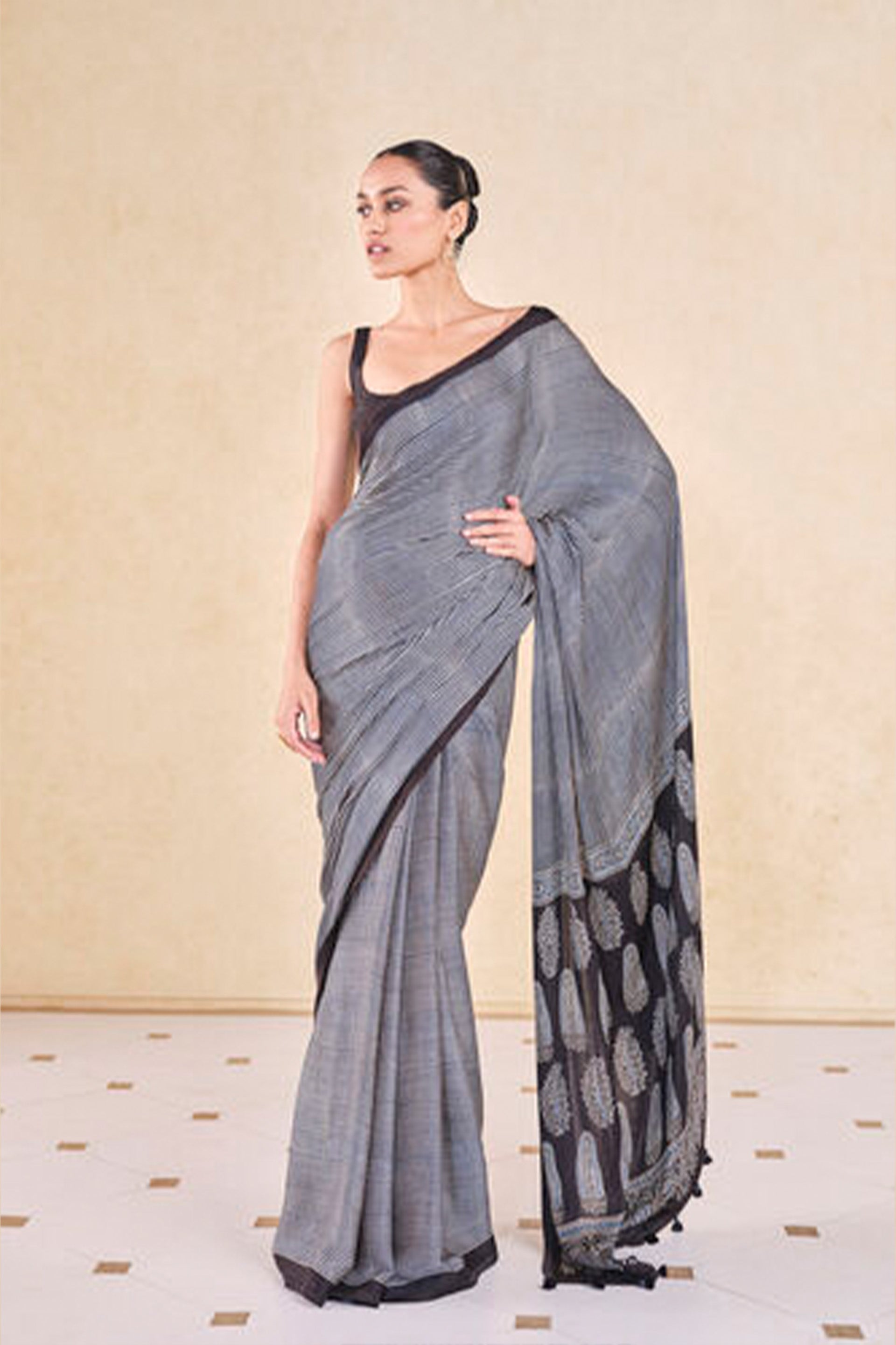 Anita Dongre Grassroot Korat Handcrafted Ajrakh Saree Black indian designer wear online shopping melange singapore