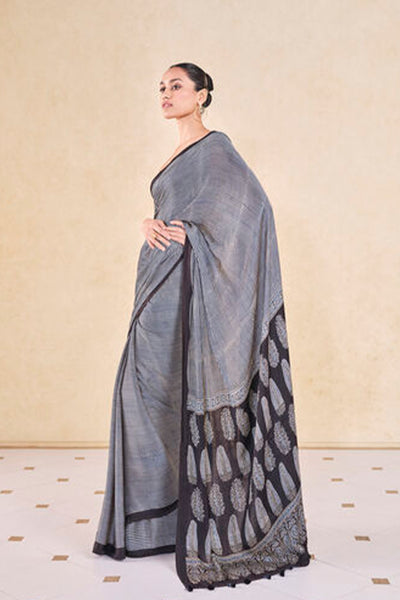 Anita Dongre Grassroot Korat Handcrafted Ajrakh Saree Black indian designer wear online shopping melange singapore