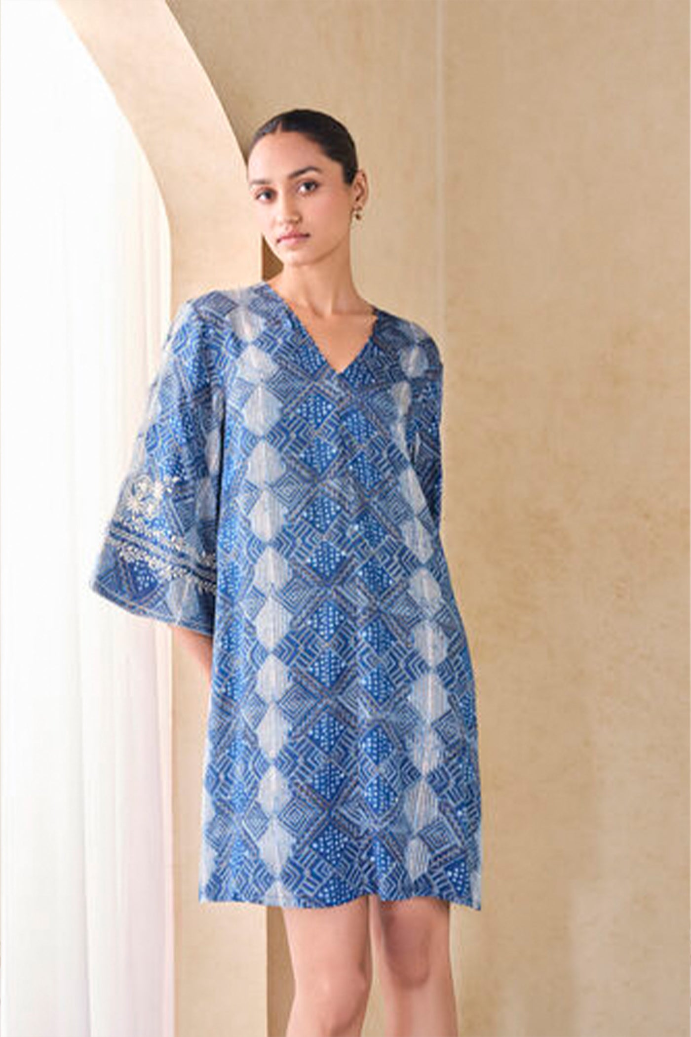 Anita Dongre Grassroot Landscape Handcrafted Dabu Dress Blue indian designer wear online shopping melange singapore