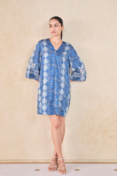 Anita Dongre Grassroot Landscape Handcrafted Dabu Dress Blue indian designer wear online shopping melange singapore