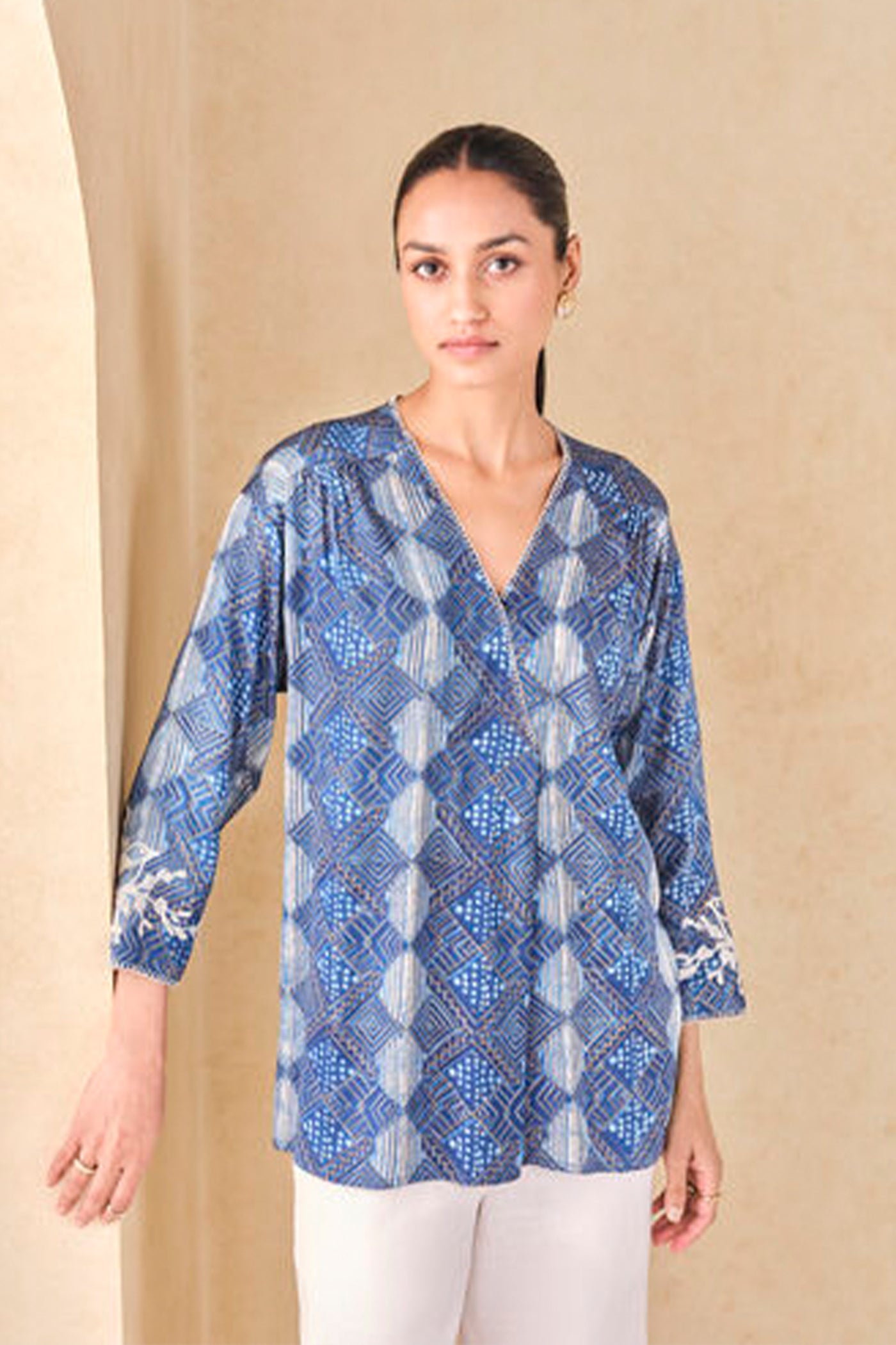 Anita Dongre Grassroot Landscape Handcrafted Dabu Top Blue indian designer wear online shopping melange singapore