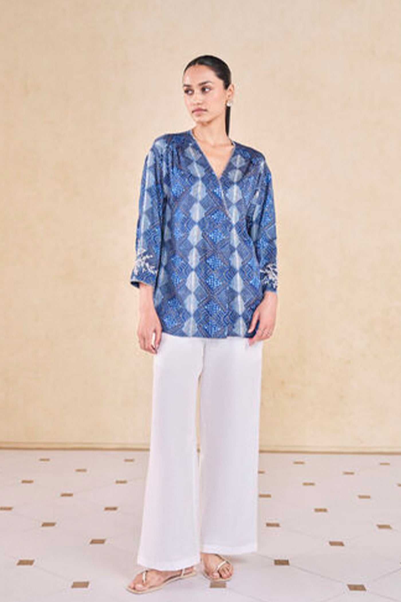 Anita Dongre Grassroot Landscape Handcrafted Dabu Top Blue indian designer wear online shopping melange singapore