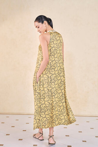 Anita Dongre Grassroot Leafbird Handcrafted Ajrakh A-Line Dress Yellow indian designer wear online shopping melange singapore