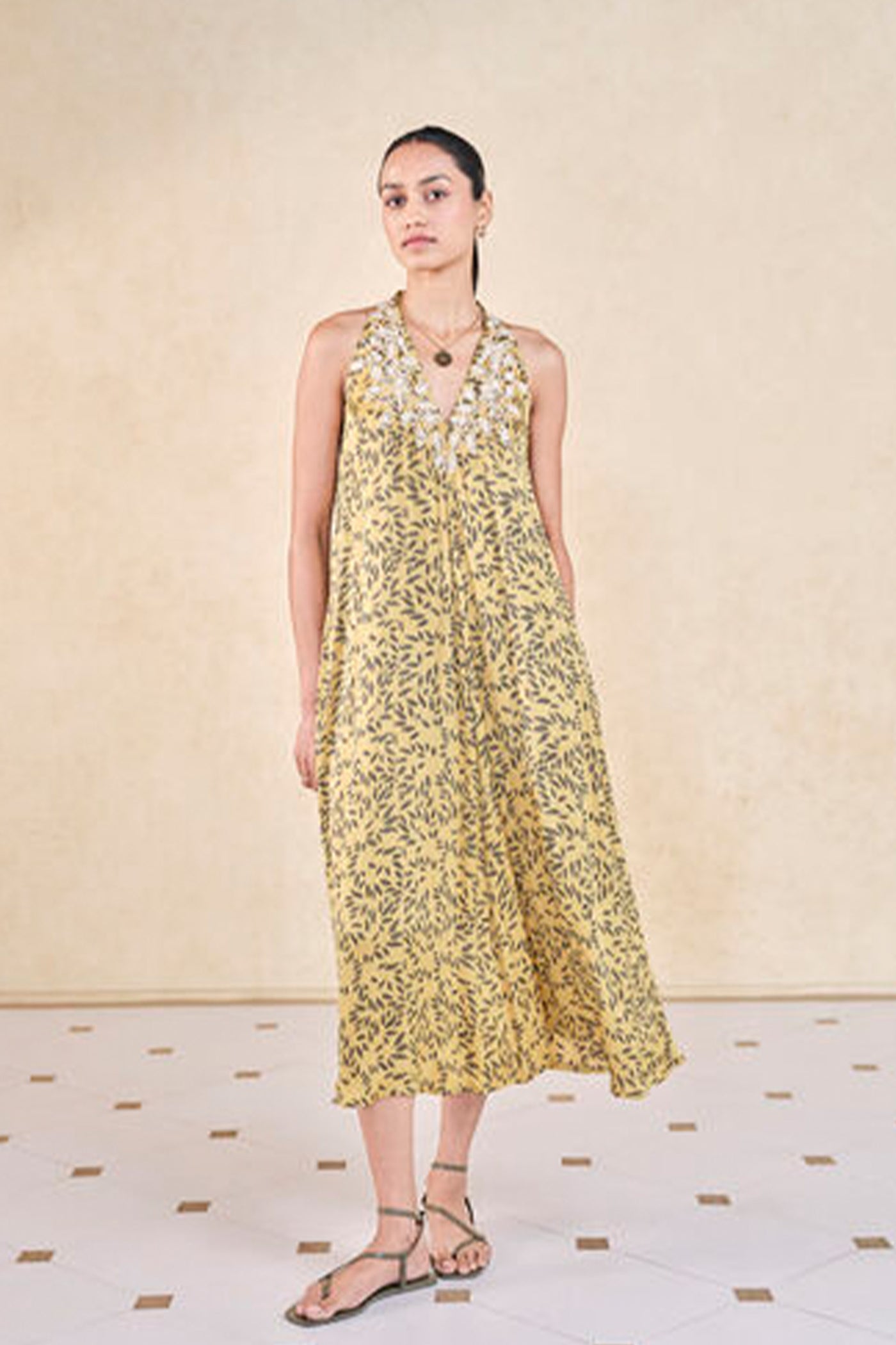 Anita Dongre Grassroot Leafbird Handcrafted Ajrakh A-Line Dress Yellow indian designer wear online shopping melange singapore