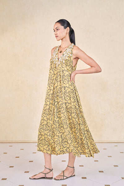 Anita Dongre Grassroot Leafbird Handcrafted Ajrakh A-Line Dress Yellow indian designer wear online shopping melange singapore