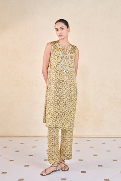 Anita Dongre Grassroot Leafbird Handcrafted Ajrakh Co-ord Yellow indian designer wear online shopping melange singapore