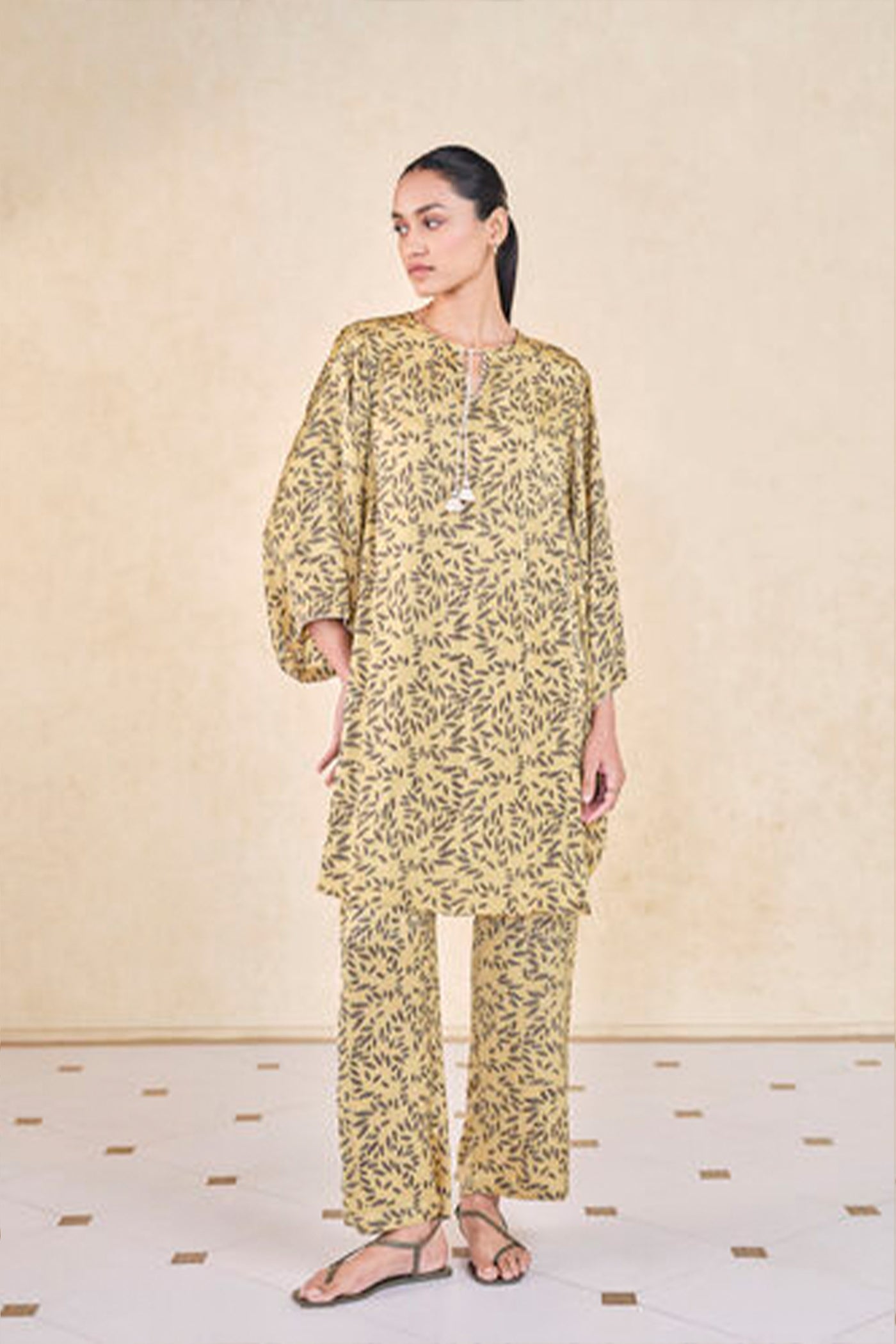 Anita Dongre Grassroot Leafbird Handcrafted Ajrakh Drawstring Co-ord Yellow indian designer wear online shopping melange singapore