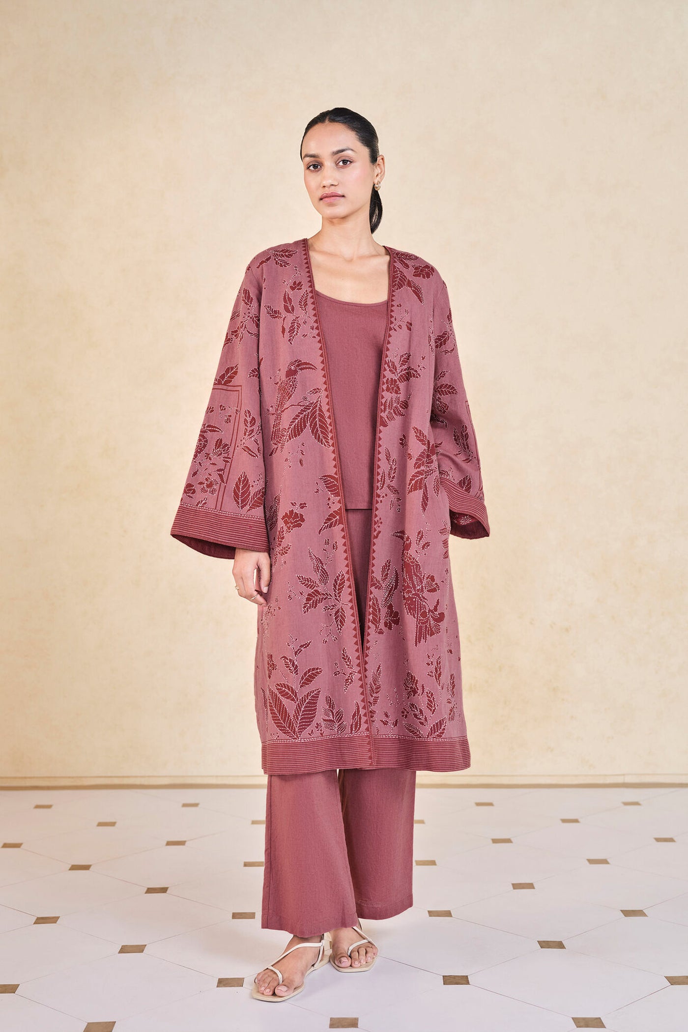 Anita Dongre Grassroot Rhubarb Hand-embroidered Kantha Linen Overlayer Set Pink indian designer wear online shopping melange singapore