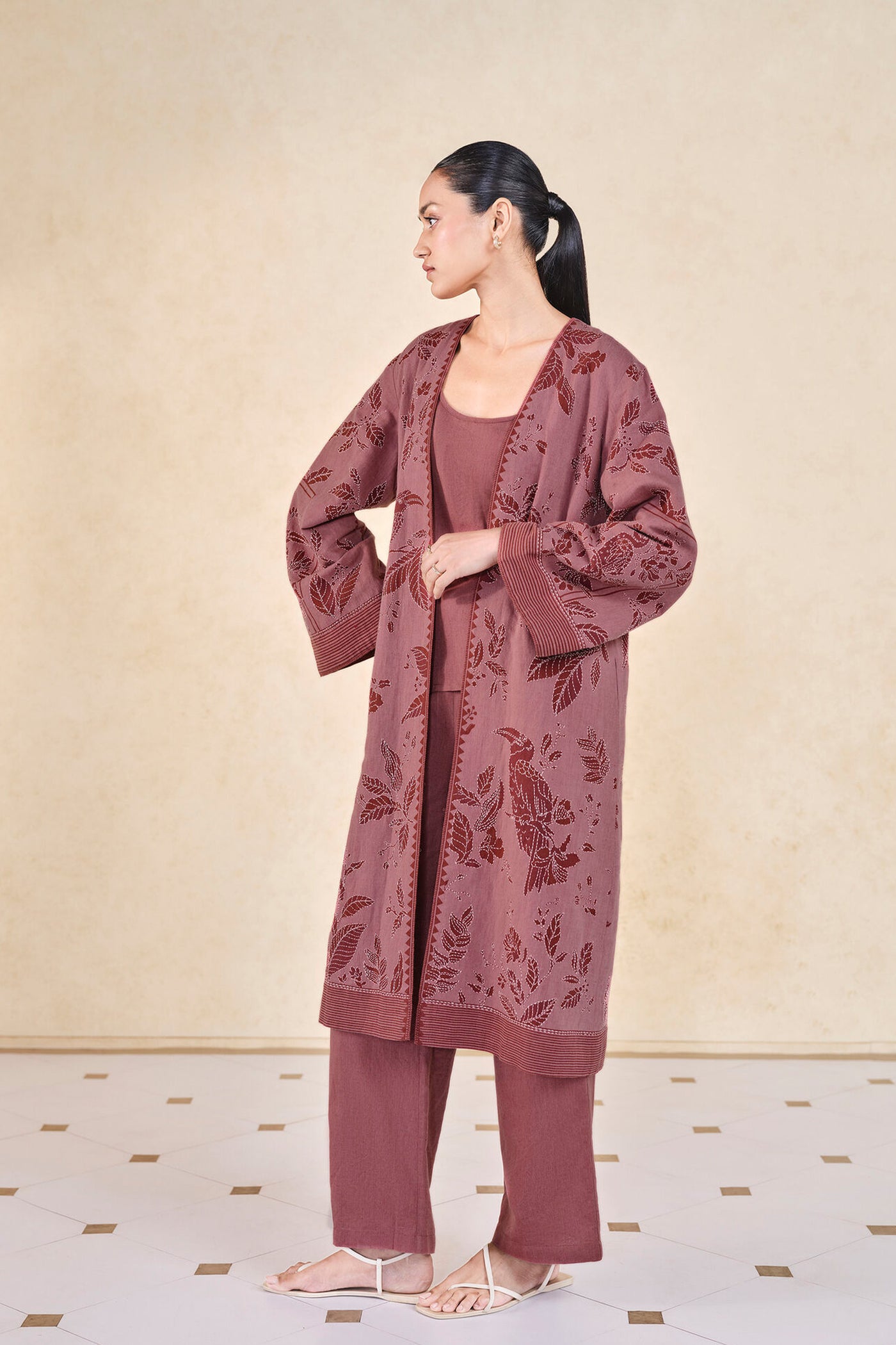 Anita Dongre Grassroot Rhubarb Hand-embroidered Kantha Linen Overlayer Set Pink indian designer wear online shopping melange singapore