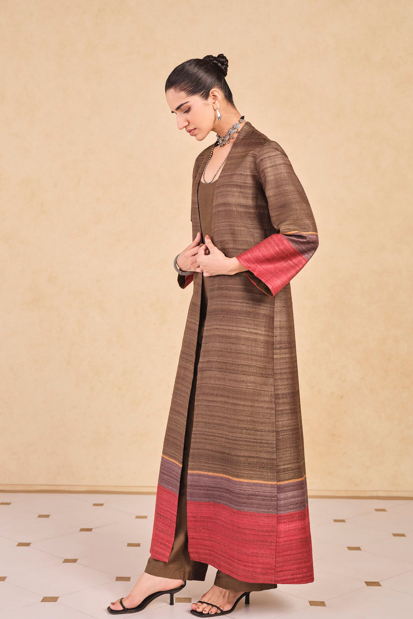 Anita Dongre Grassroot Rufaro Silk Jacket Set Brown indian designer wear online shopping melange singapore