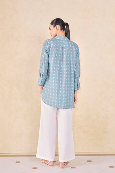 Anita Dongre Grassroot Seaway Hand-block Printed Linen Shirt Blue indian designer wear online shopping melange singapore