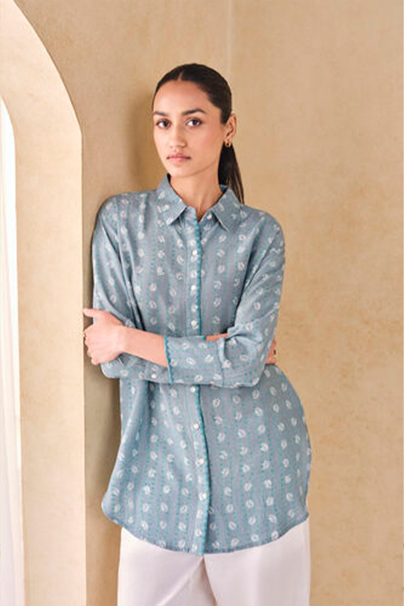 Anita Dongre Grassroot Seaway Hand-block Printed Linen Shirt Blue indian designer wear online shopping melange singapore