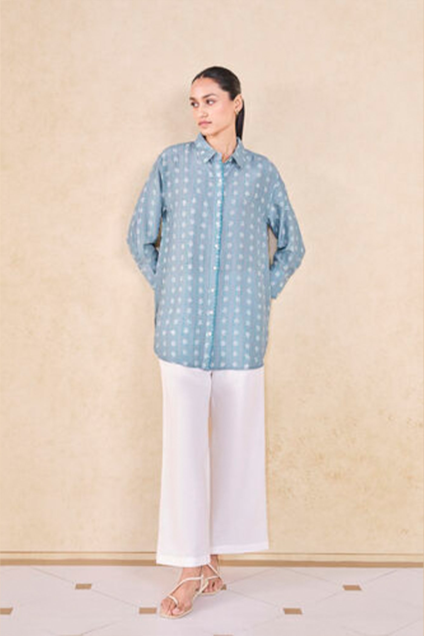 Anita Dongre Grassroot Seaway Hand-block Printed Linen Shirt Blue indian designer wear online shopping melange singapore