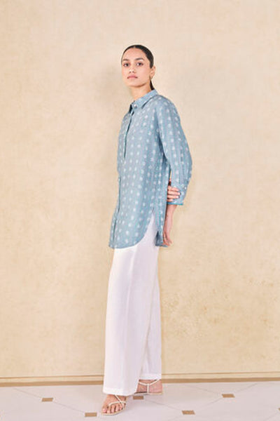 Anita Dongre Grassroot Seaway Hand-block Printed Linen Shirt Blue indian designer wear online shopping melange singapore