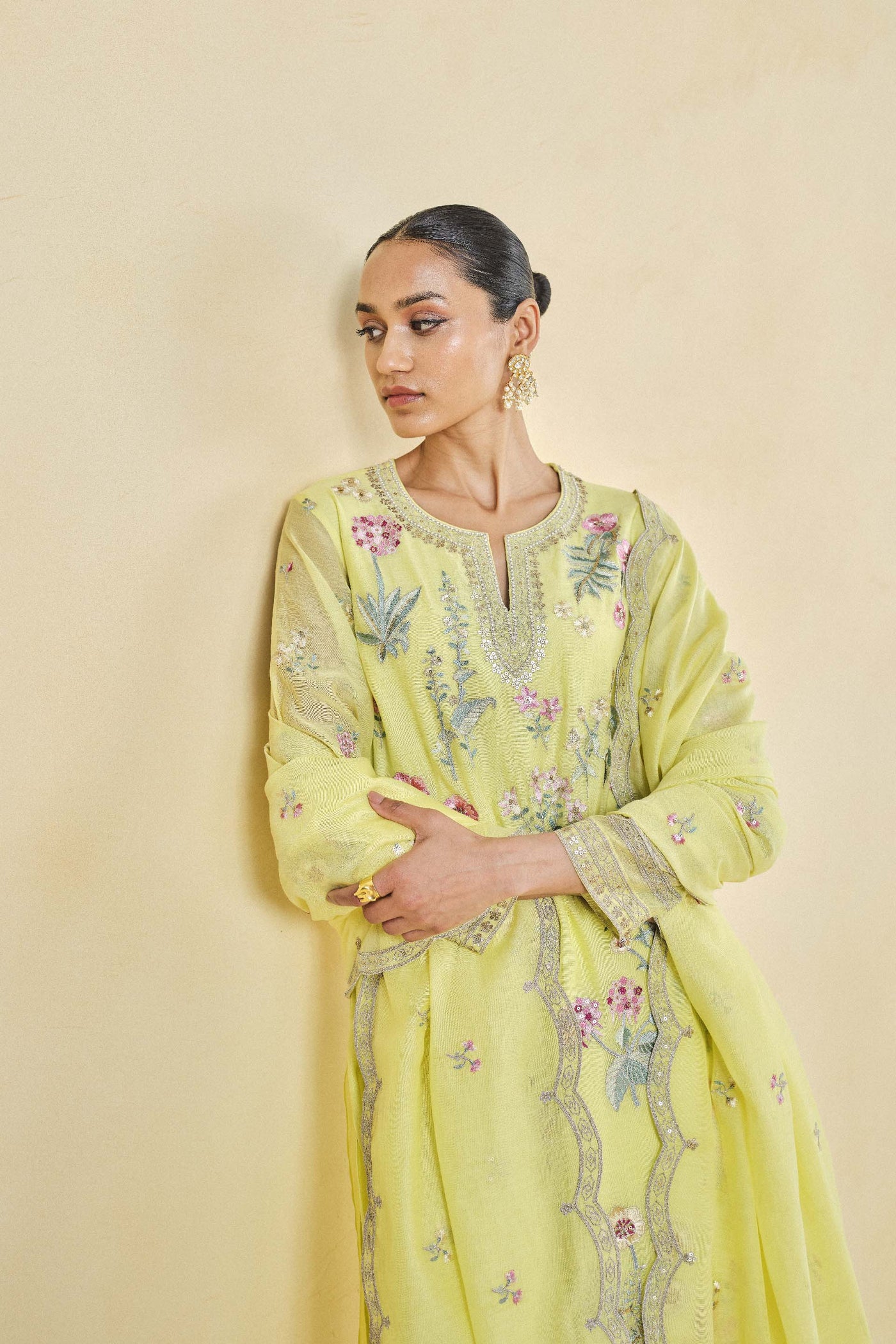 Anita Dongre Melisma Embroidered Mull Suit Set Yellow indian designer wear online shopping melange singapore