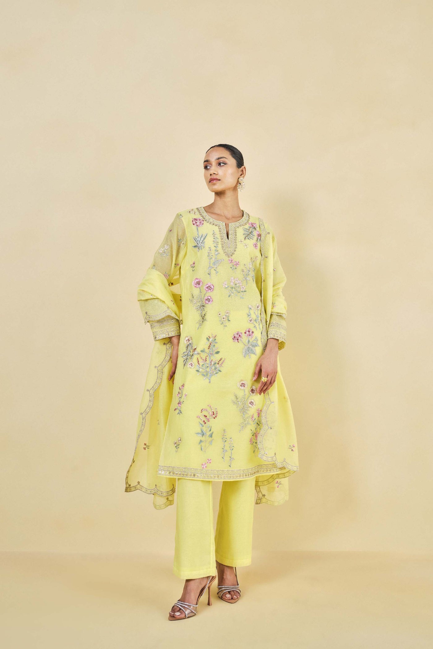 Anita Dongre Melisma Embroidered Mull Suit Set Yellow indian designer wear online shopping melange singapore