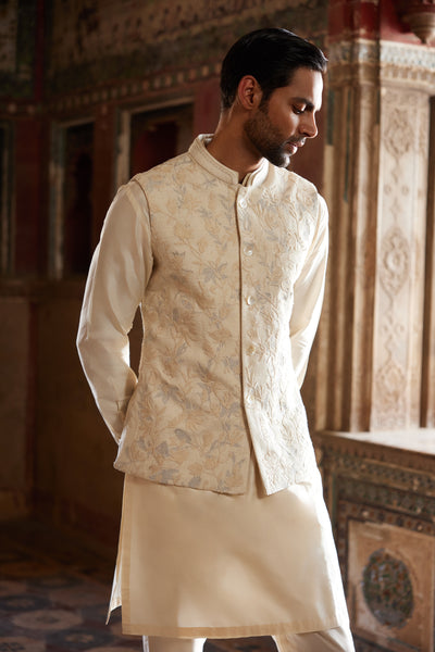 Anita Dongre Menswear Aaman Embroidered Cord Silk Nehru Jacket Ivory indian designer wear online shopping melange singapore