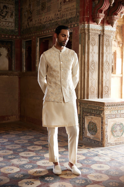 Anita Dongre Menswear Aaman Embroidered Cord Silk Nehru Jacket Ivory indian designer wear online shopping melange singapore