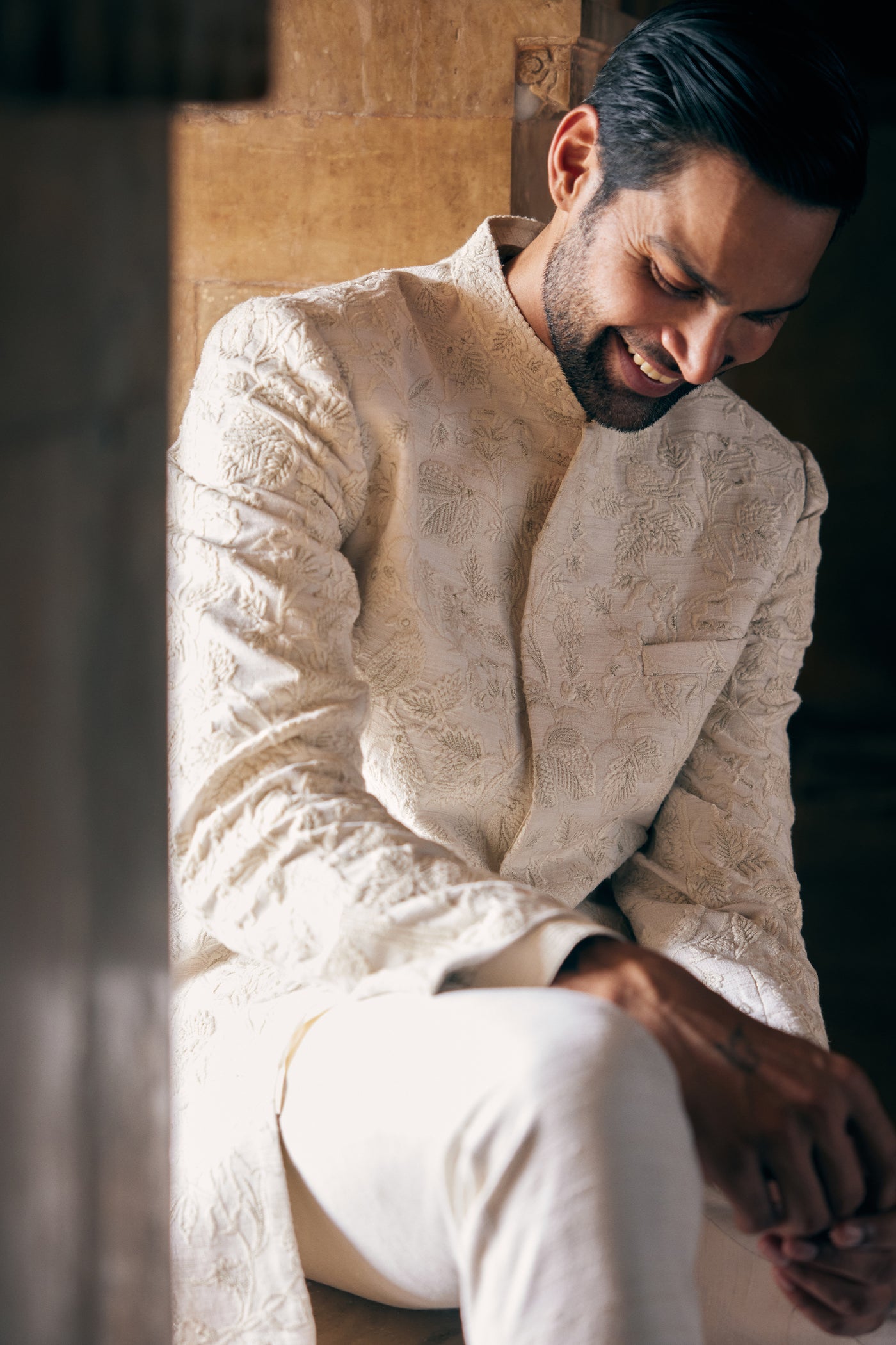 Anita Dongre Menswear Aanav Embroidered Silk Sherwani Off White indian designer wear online shopping melange singapore