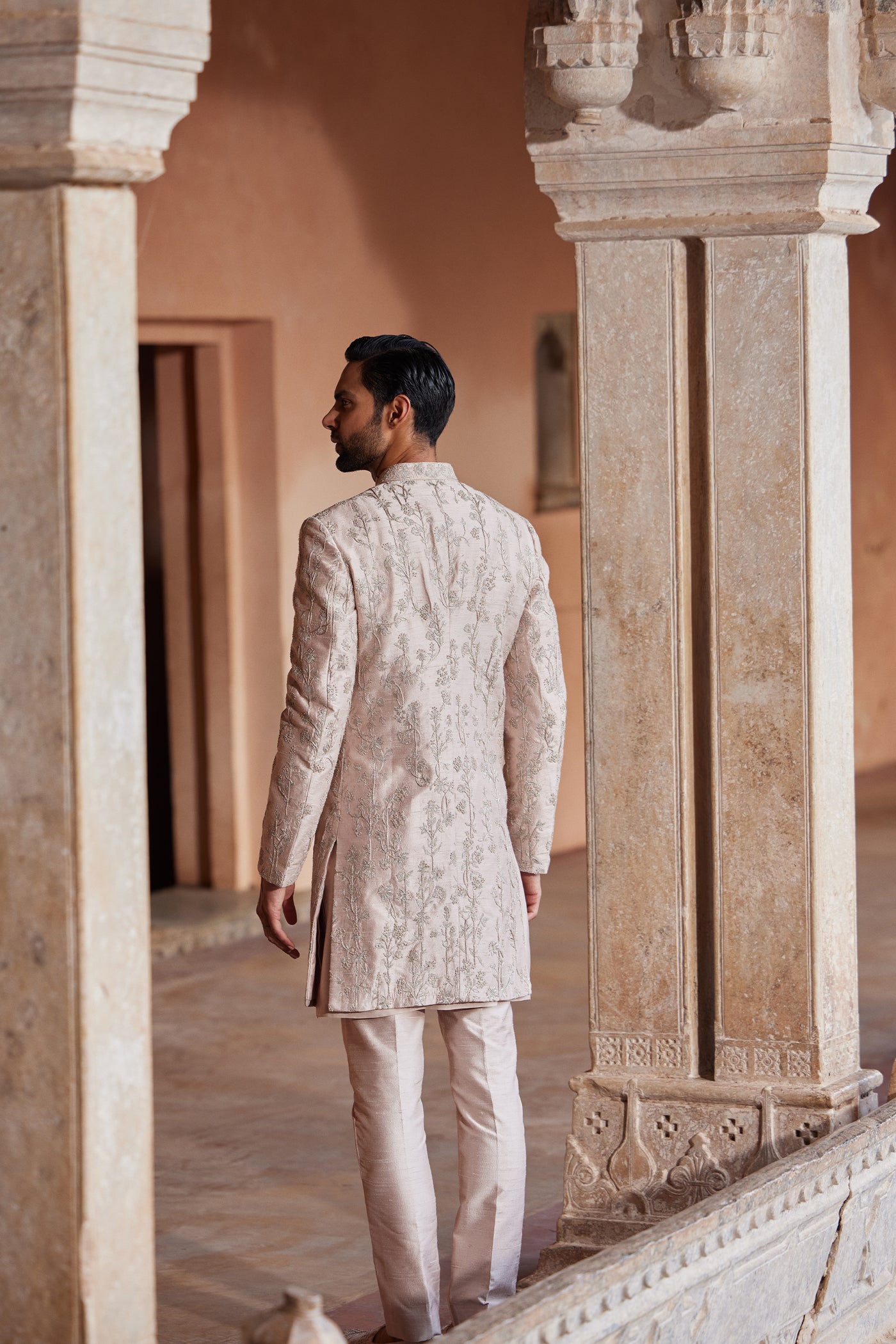 Anita Dongre Menswear Ahmar Hand-embroidered Silk Sherwani Salmon indian designer wear online shopping melange singapore