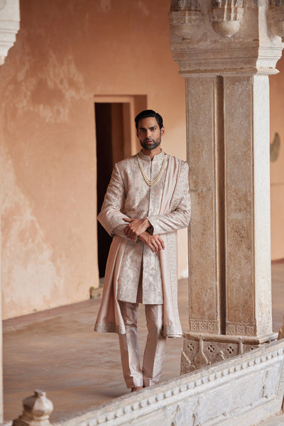 Anita Dongre Menswear Ahmar Hand-embroidered Silk Sherwani Salmon indian designer wear online shopping melange singapore