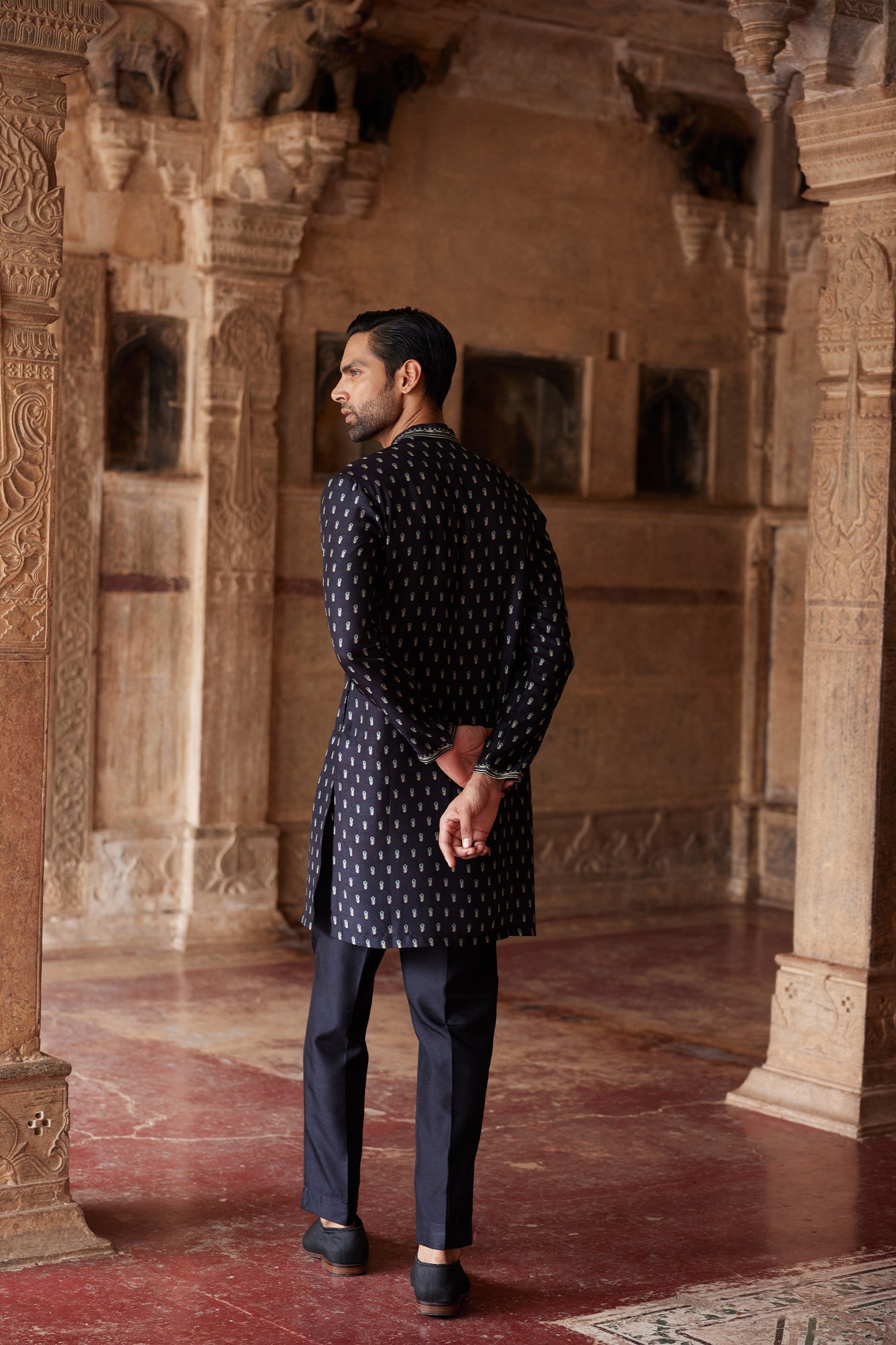 Anita Dongre Menswear Ashvath Printed Silk Kurta Black indian designer wear online shopping melange singapore
