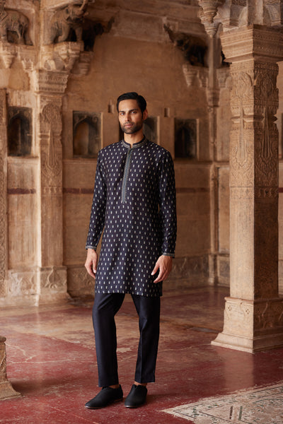 Anita Dongre Menswear Ashvath Printed Silk Kurta Black indian designer wear online shopping melange singapore
