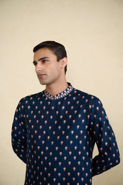 Anita Dongre Menswear Azraq Printed Silk Kurta Indigo indian designer wear online shopping melange singapore