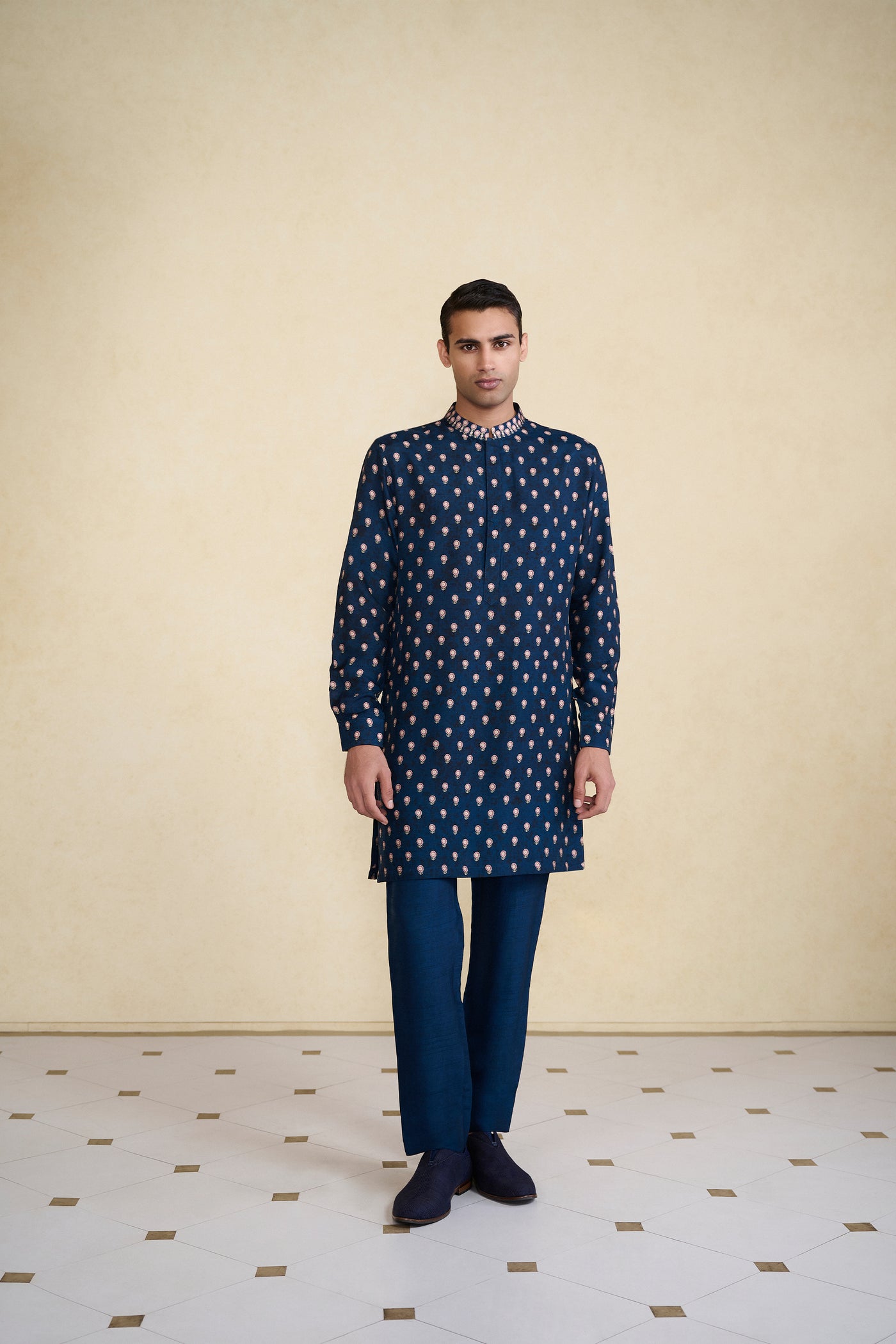 Anita Dongre Menswear Azraq Printed Silk Kurta Indigo indian designer wear online shopping melange singapore