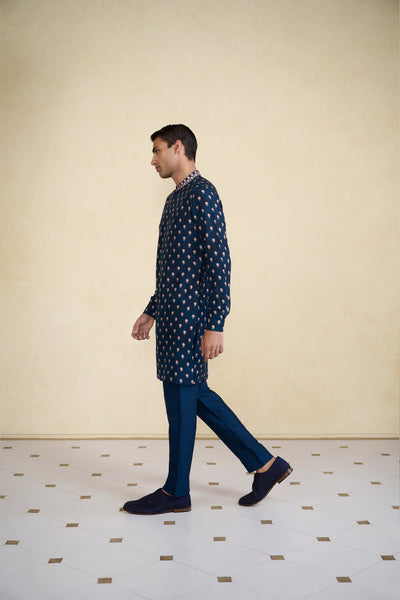 Anita Dongre Menswear Azraq Printed Silk Kurta Indigo indian designer wear online shopping melange singapore