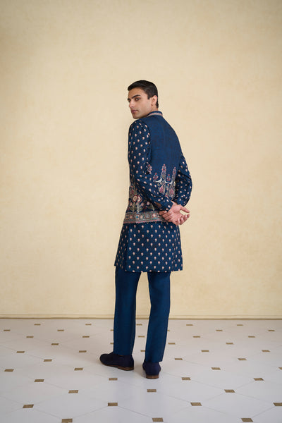 Anita Dongre Menswear Azraq Printed Silk Nehru Jacket Indigo indian designer wear online shopping melange singapore