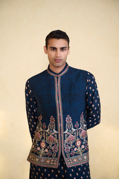 Anita Dongre Menswear Azraq Printed Silk Nehru Jacket Indigo indian designer wear online shopping melange singapore