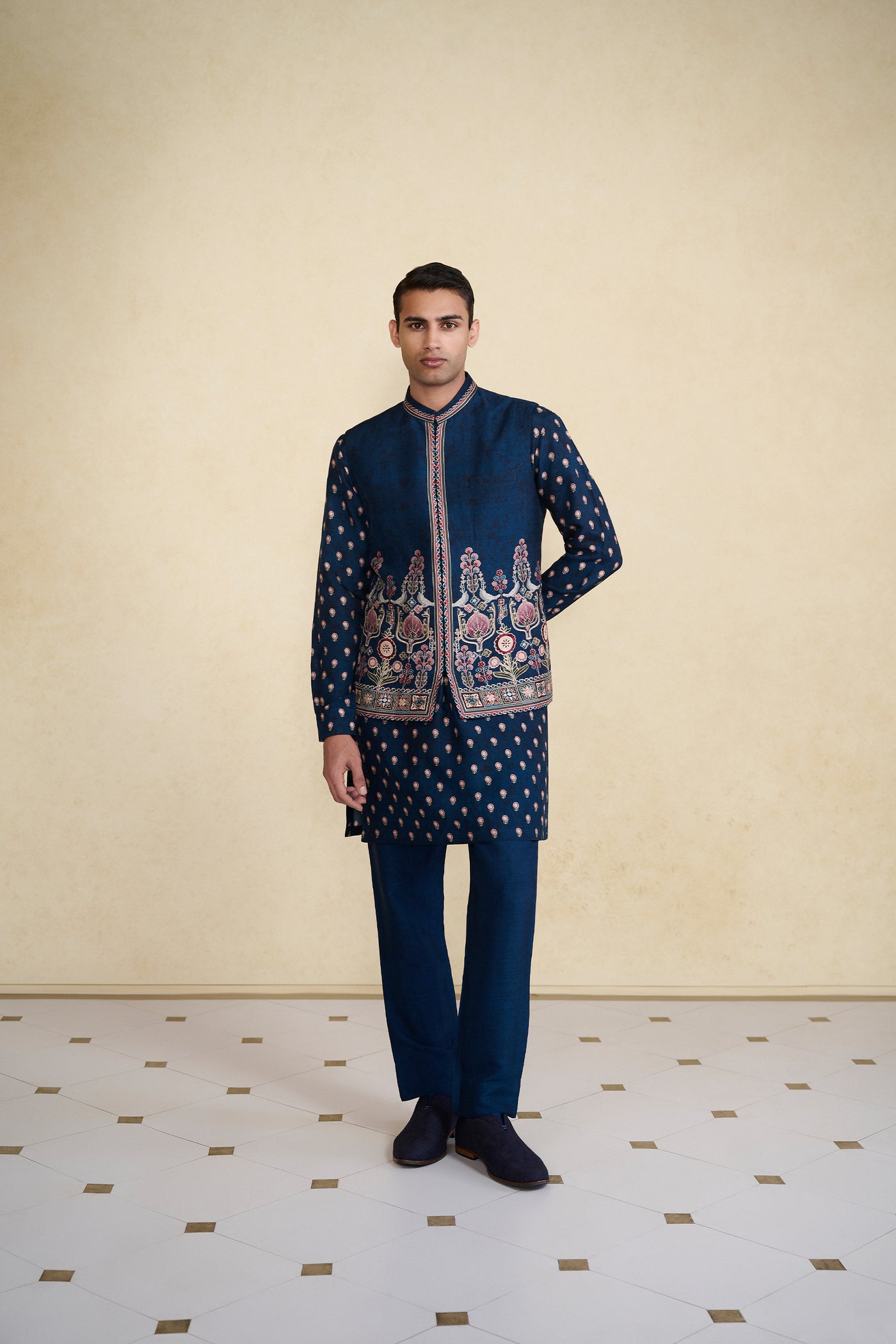 Anita Dongre Menswear Azraq Printed Silk Nehru Jacket Indigo indian designer wear online shopping melange singapore