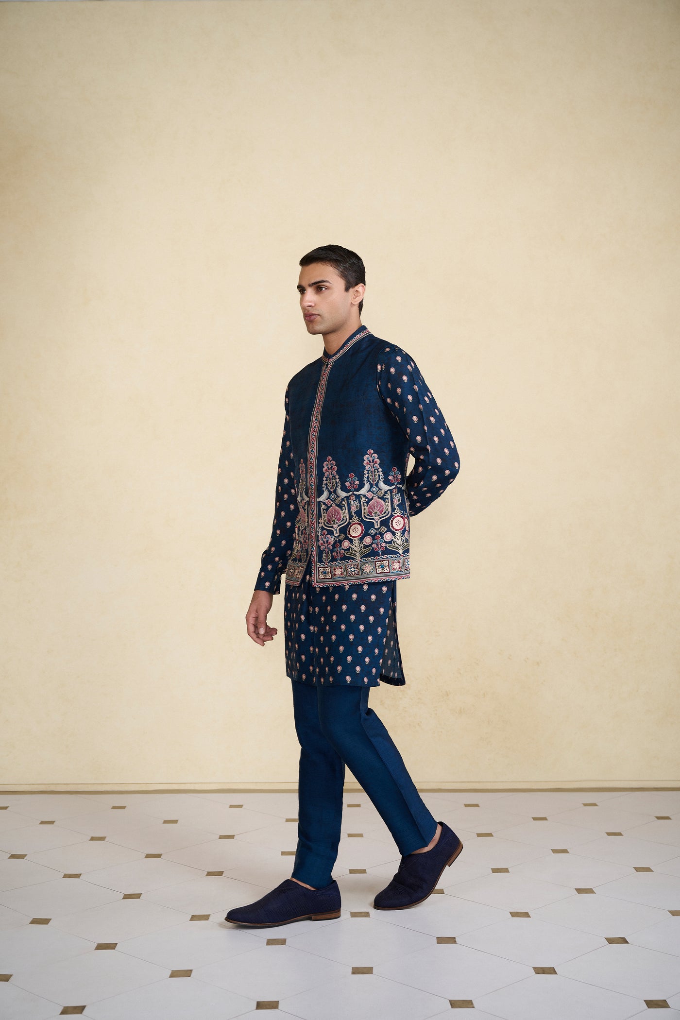 Anita Dongre Menswear Azraq Printed Silk Nehru Jacket Indigo indian designer wear online shopping melange singapore