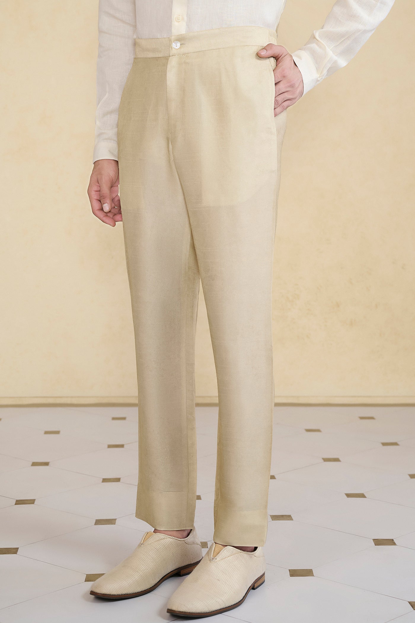 Anita Dongre Menswear Beige Silk Trousers indian designer wear online shopping melange singapore
