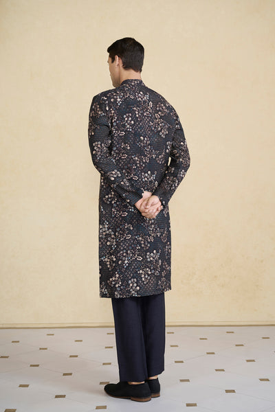 Anita Dongre Menswear Black Rukham Printed Silk Kurta indian designer wear online shopping melange singapore