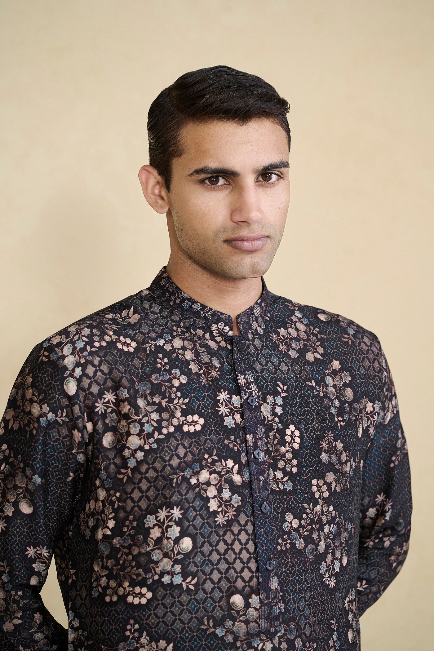 Anita Dongre Menswear Black Rukham Printed Silk Kurta indian designer wear online shopping melange singapore