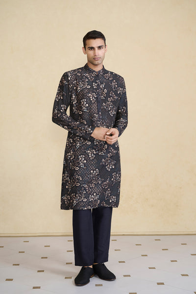 Anita Dongre Menswear Black Rukham Printed Silk Kurta indian designer wear online shopping melange singapore