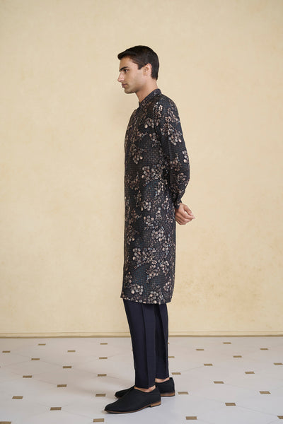 Anita Dongre Menswear Black Rukham Printed Silk Kurta indian designer wear online shopping melange singapore