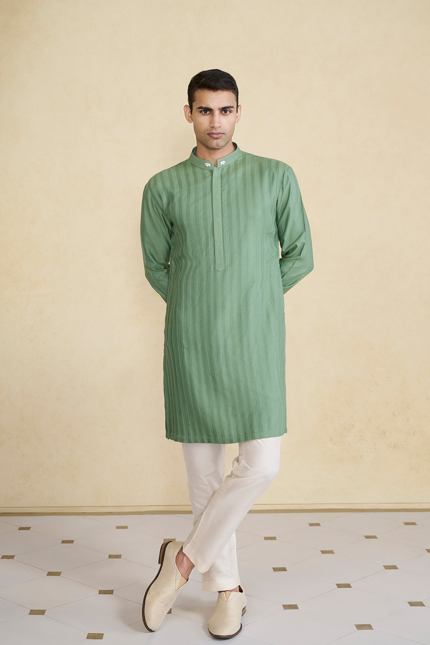 Anita Dongre Menswear Daeven Embroidered Silk Kurta Green indian designer wear online shopping melange singapore