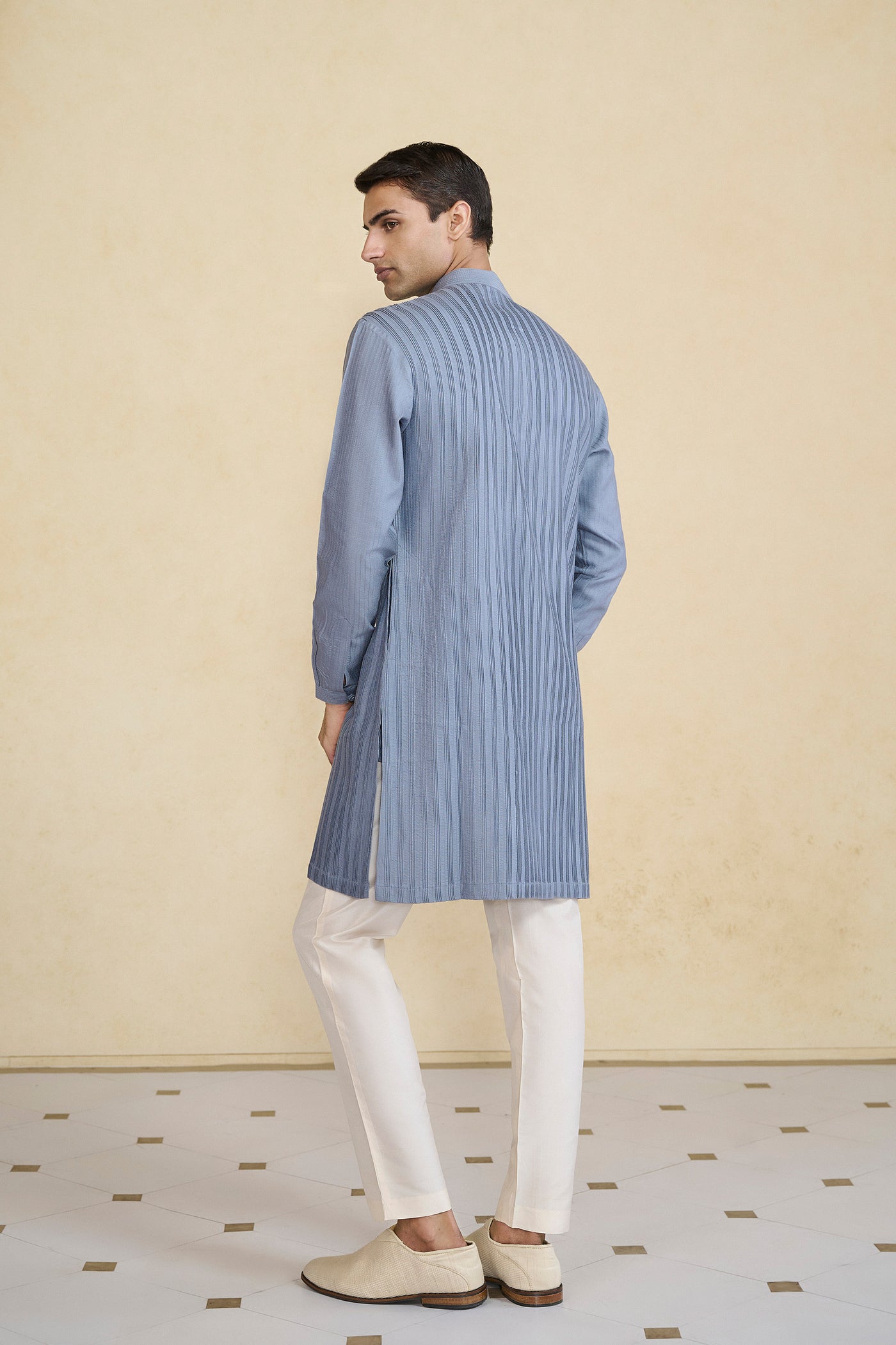 Anita Dongre Menswear Daeven Embroidered Silk Kurta Grey indian designer wear online shopping melange singapore